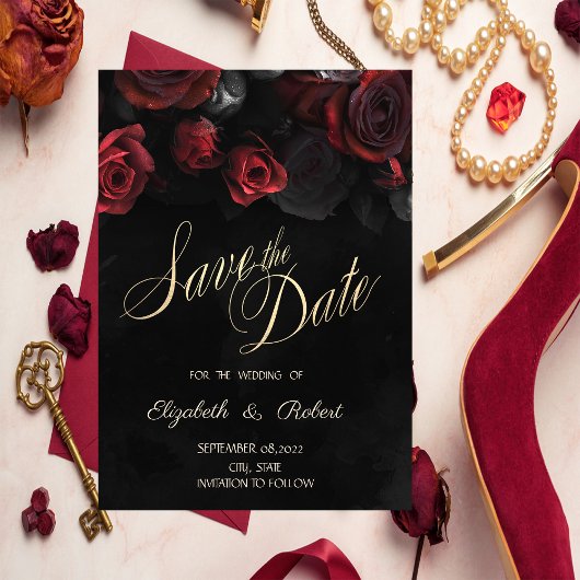 Elegante rode rozen Gothic zwart Save the Date