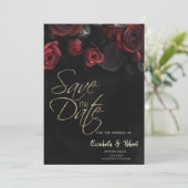 Elegante rode rozen Gotisch Save the Date Kaart (Staand voorkant)