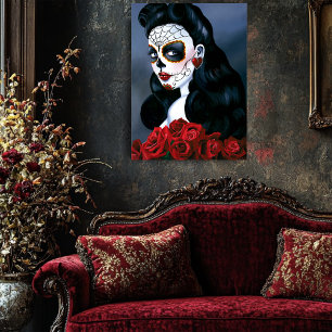 Elegante Rode Rozen Gotische Suiker Schedel Vrouw Poster