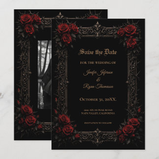 Elegante rode rozen gotische trouw save the date aankondiging
