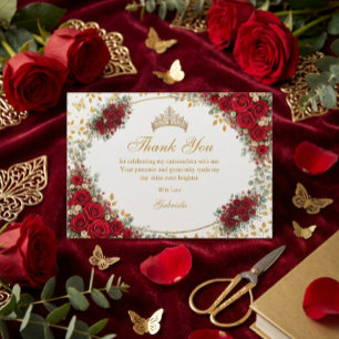 Elegante rode rozen gouden vlinders Quinceañera Bedankkaart