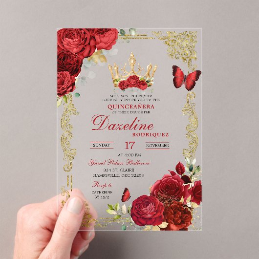 Elegante rode rozen kroon quinceanera uitnodiging acryl uitnodigingen (Insitu (Draagbaar))