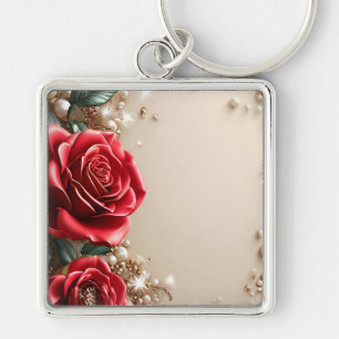 Elegante Rode Rozen Met Gouden Ornamenten Sleutelhanger