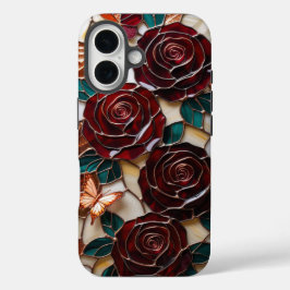 Elegante rode rozen met vlinders in glas-in-lood iPhone 16 hoesje