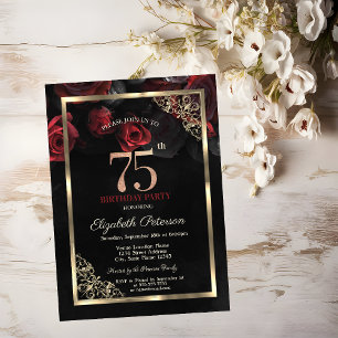 Elegante rode rozen omlijsten 75e verjaardag kaart
