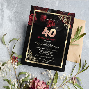 Elegante Rode Rozen Omlijsten Zwarte 40e Verjaarda Kaart