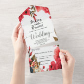 Elegante Rode Rozen Romantisch Paar Bloemen Huweli All In One Uitnodiging (Afscheurbaar)