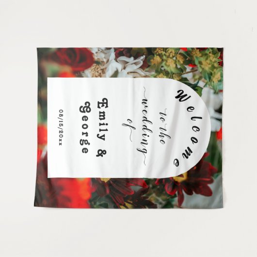 Elegante rode rozen zomer bloemenbruiloft welkom wandkleed (Voorkant (horizontaal))