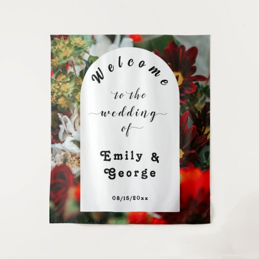 Elegante rode rozen zomer bloemenbruiloft welkom wandkleed (Voorkant)