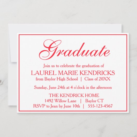 Elegante rode script afstudeerfeest kaart (Voorkant)