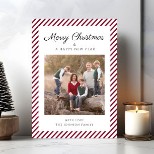 Elegante rode strepen foto Kerstmis Feestdagenkaart