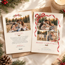 Elegante Rode Strik Kerstkaart voor Familie Foto