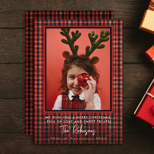Elegante rode tartan geruite kerstfoto voor bedrij feestdagenkaart