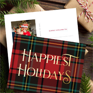 Elegante rode tartan kerstfoto goud folie feestdagen briefkaart