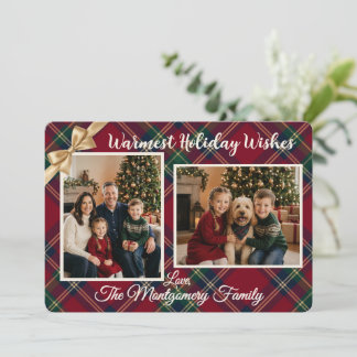 Elegante rode tartan kerstkaart met twee foto's