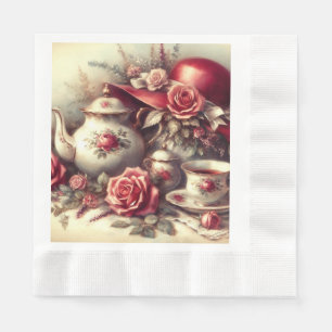 Elegante rode theepartij bloemen papieren servet