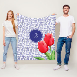 Elegante rode tulpen lente bloemmotief in Delfts b Fleece Deken