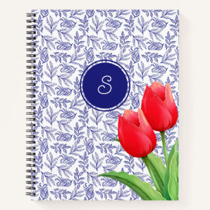 Elegante rode tulpen lente bloemmotief in Delfts b Notitieboek