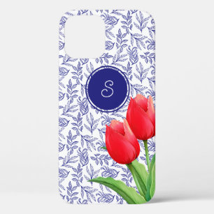 Elegante rode tulpen lente bloemmotief met blauwe  iPhone 12 hoesje