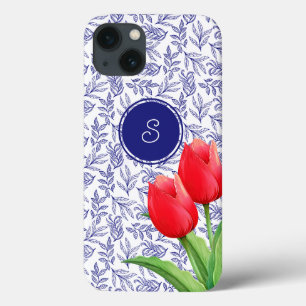 Elegante rode tulpen lente bloemstuk blauwe monogr iPhone 13 hoesje