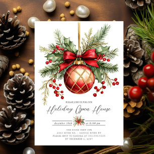 Elegante Rode Versiering Kerst Open Huis Uitnodigi Kaart
