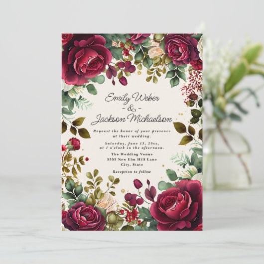 Elegante Rode Waterverf Bloemen Gouden Glitter Huw Kaart (Staand voorkant)