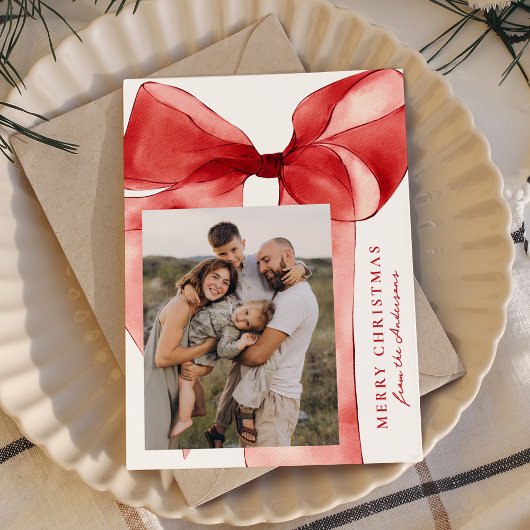 Elegante Rode Waterverf Bow 3 Foto Feestdagenkaart