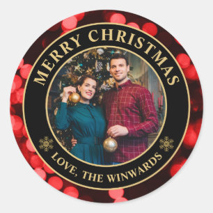 Elegante Rode Winter Bokeh Familie Prettig Kerstfe Ronde Sticker