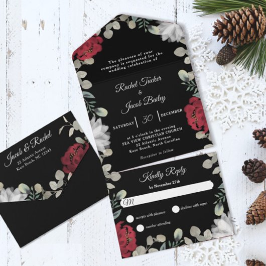 Elegante rode witte bloemige groene trouwfeest all in one uitnodiging