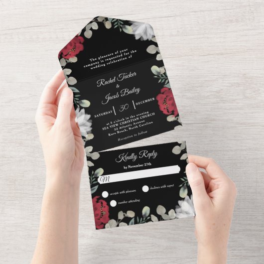 Elegante rode witte bloemige groene trouwfeest all in one uitnodiging (Afscheurbaar)