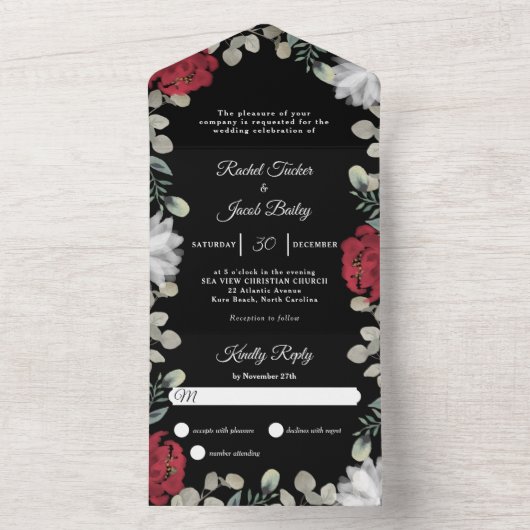 Elegante rode witte bloemige groene trouwfeest all in one uitnodiging (Binnen)