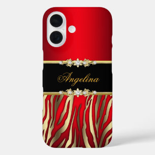 Elegante Rode Zebra Zwart Goud iPhone 16 Hoesje