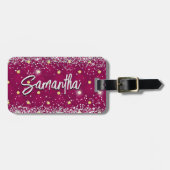 Elegante rode zilver glinsterende glitter monogram bagagelabel (Voorkant horizontaal)