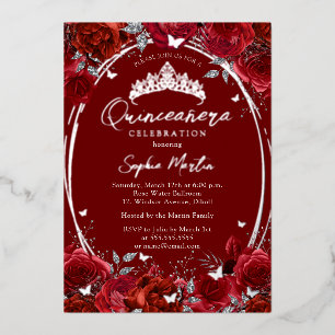Elegante Rode Zilveren Bloem Quinceanera Folie Uitnodiging