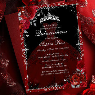 Elegante Rode Zilveren Roos Jurk Quinceanera Folie Uitnodiging