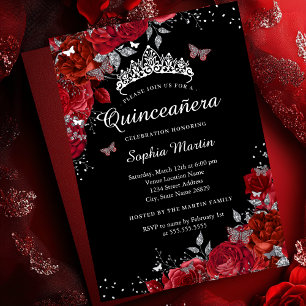 Elegante Rode Zwarte Bloem Vlinder Quinceanera Folie Uitnodiging