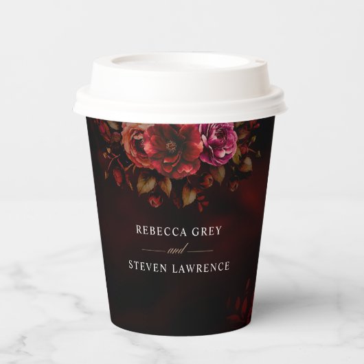 Elegante rode zwarte bloemen bruiloft moody papieren bekers (Voorkant)