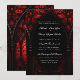 Elegante Rode & Zwarte Kathedraal Gotische Trouwda Kaart