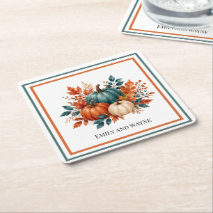 Elegante Roest- en Teal Pompoen Bruiloft Vierkante Kartonnen Onderzetter
