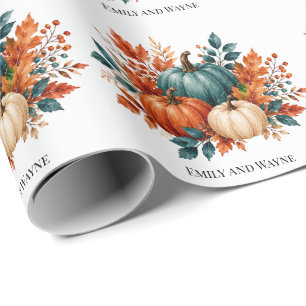 Elegante Roest- en Teal Pompoen Trouw Namen Cadeaupapier