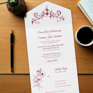Elegante Romance Bourgondië Floral Wedding All In One Uitnodiging