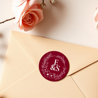 Elegante Romance Bourgondië Monogram bruiloft Ronde Sticker