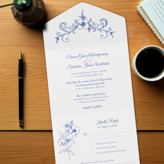 Elegante Romance Dusty Blue Floral Wedding All In One Uitnodiging