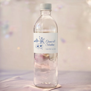 Elegante Romance Dusty Blue Floral Wedding Waterfles Etiket