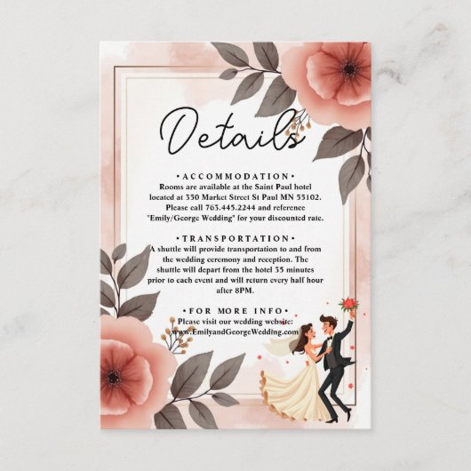 Elegante romantische bloemenbruid en bruidegom bru informatiekaartje (Voorkant)