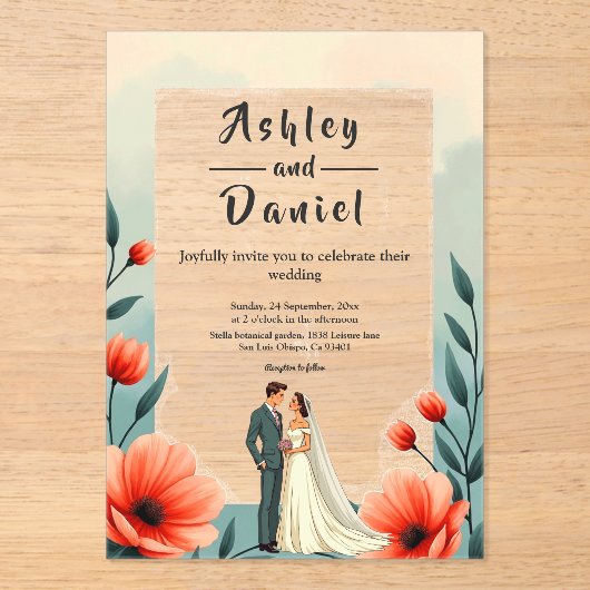 Elegante romantische bruid en bruidegom bloemenbru acryl uitnodigingen (Voorkant)