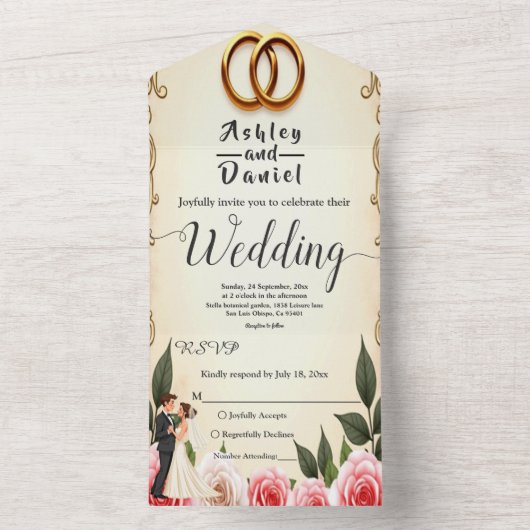 Elegante romantische bruid en bruidegom bloemenbru all in one uitnodiging (Binnen)