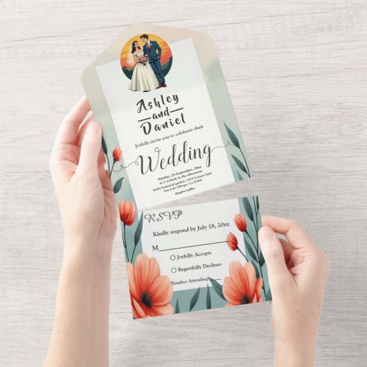 Elegante romantische bruid en bruidegom bloemenbru all in one uitnodiging (Afscheurbaar)