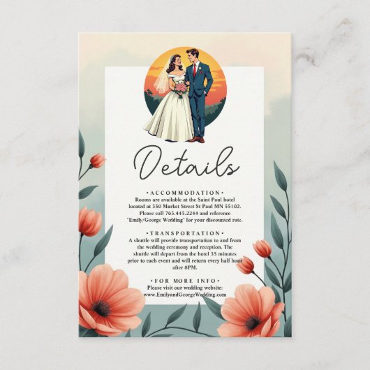Elegante romantische bruid en bruidegom bloemenbru informatiekaartje (Voorkant)