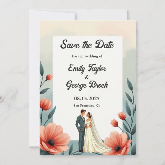 Elegante romantische bruid en bruidegom bloemenbru save the date (Voorkant)